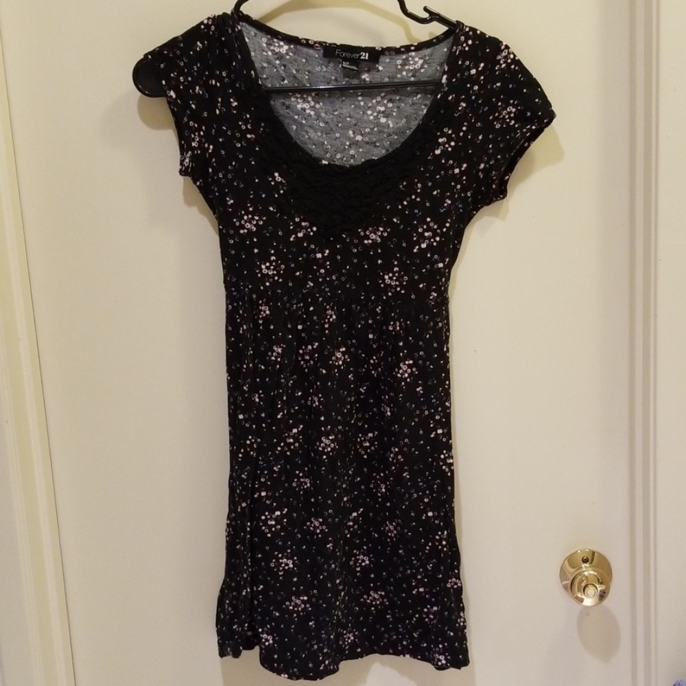 Black Cotton Floral Dress with Crochet neckline